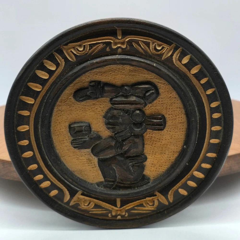 Vintage Hand‎ Carved Wooden Plate Mesoamerican Figure